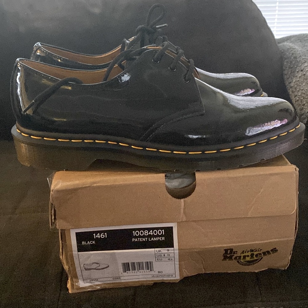 New black patent leather womens Dr. Martens size 11. Box damaged